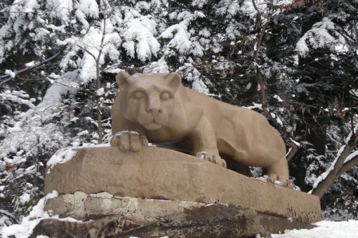 Nittany Lion Shrine in Winter with Snowy Trees