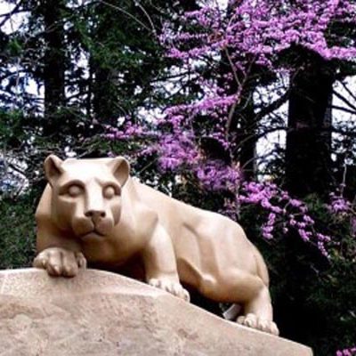 Spring Lion - Nittany Lion Shrine in Spring with Pink Flowers