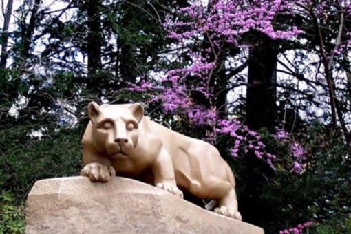 Spring Lion - Nittany Lion Shrine in Spring with Pink Flowers