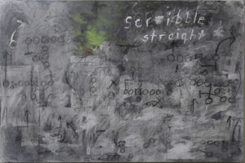 “Scribble Straight mixed media painting by Melinda Harr Curley featuring Dante text collage and Penn State football play scribbles.”